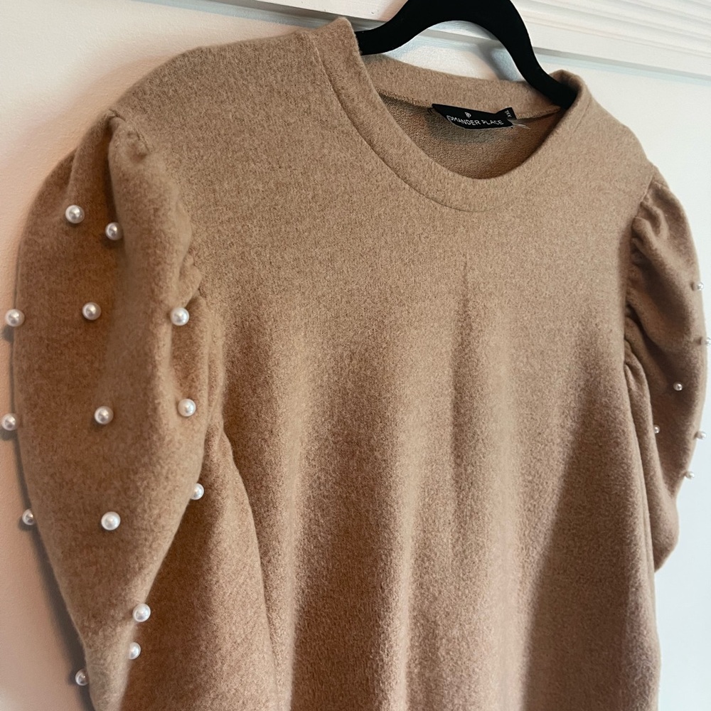 Pomander Place Tan sweater with Pearl Accents - Picture 5 of 7